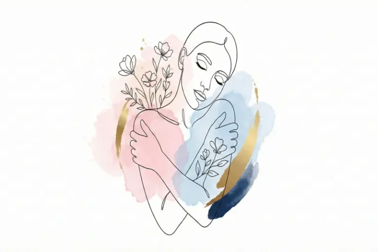 Figura abrazándose a sí misma con flores brotando del cuerpo, representando el autocuidado, la autoestima y el crecimiento personal