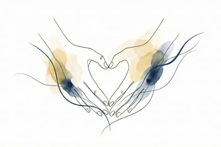 Ilustración minimalista de dos manos entrelazadas formando un corazón con acuarela azul y dorada, representando la reconstrucción del vínculo en terapia de pareja