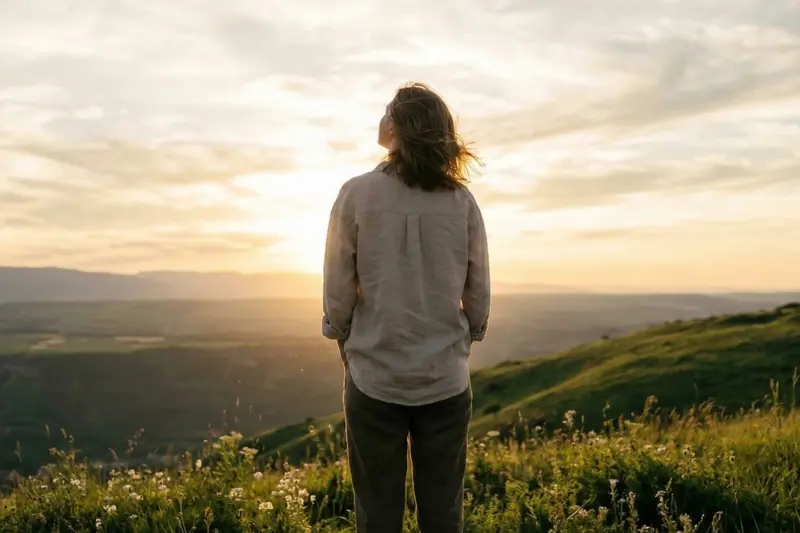 Una persona de espaldas en una colina de hierba mirando un vasto y tranquilo valle al atardecer, representando la liberación y la paz mental que se logran superando la ansiedad con ayuda psicológica en Madri