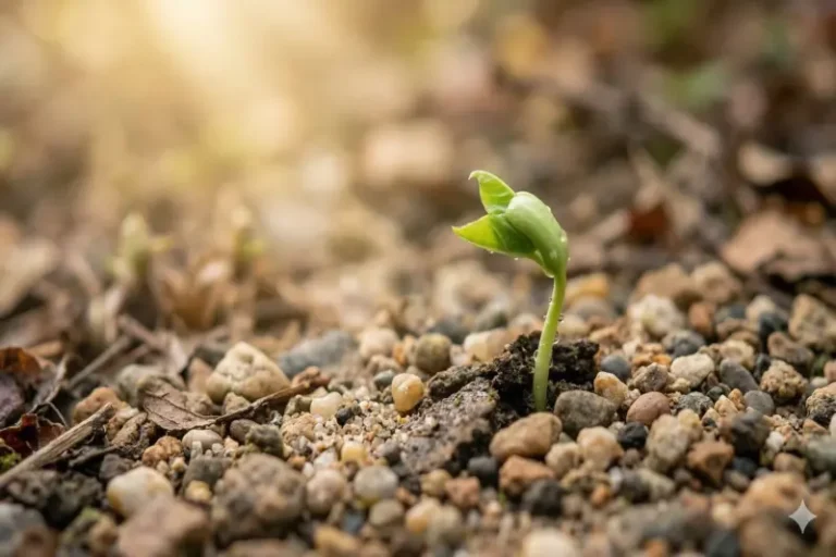 Pequeño brote verde creciendo entre piedras bajo la luz del sol, simbolizando el proceso de superar la depresión con ayuda psicológica.