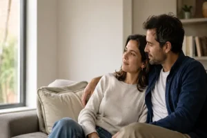 Pareja sentada en el sofá en un momento tranquilo que representa amor sereno y vínculo estable