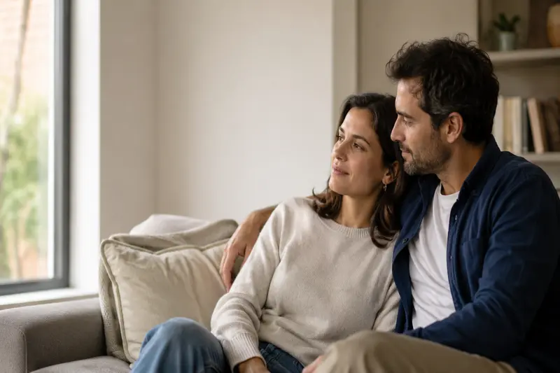 Pareja sentada en el sofá en un momento tranquilo que representa amor sereno y vínculo estable