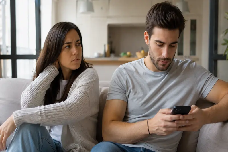 Mujer observando con desconfianza a un hombre que mira el móvil en el sofá