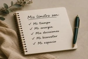 Cuaderno con una lista como poner limites a familia y límites personales para cuidar el tiempo, la energía, las decisiones, el bienestar y el espacio propio.