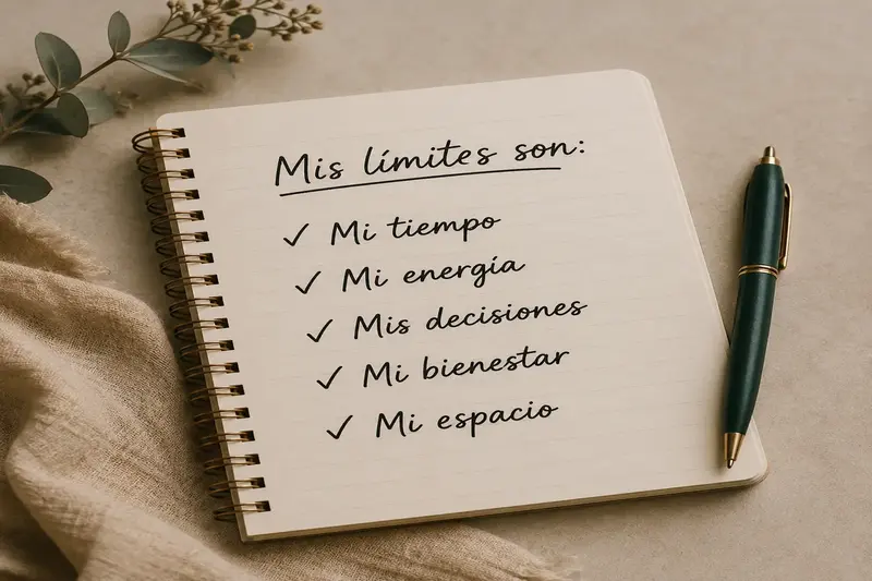 Cuaderno con una lista como poner limites a familia y límites personales para cuidar el tiempo, la energía, las decisiones, el bienestar y el espacio propio.