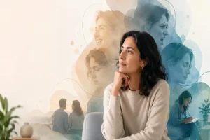 Mujer reflexionando con distintas expresiones emocionales de fondo, representando los cambios de ánimo de una persona voluble.