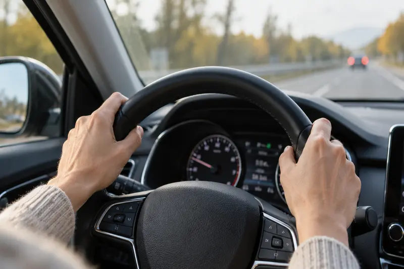 Persona con miedo a conducir sujetando el volante en carretera